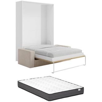 Vente-Unique Letto a scomparsa 160 x 200 cm - Apertura verticale manuale - Colore: Naturale e bianco + Materasso + Divano - BEGANIO