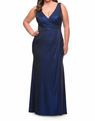 La Femme Metallic Jersey Gown - Plus In Navy