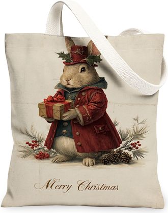 Generic Christmas Rabbit Canvas Tote Bags, Vintage Holiday Bunny Design Lightweight Washable Grocery Bags, Rustic Eco-Friendly Shou, Beige, 13x15 Inch