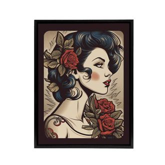 Artery8 Pin Up Floral Rockabilly Tattoo Style Framed Canvas Wall Art Print in Red | Size: W24 x H32