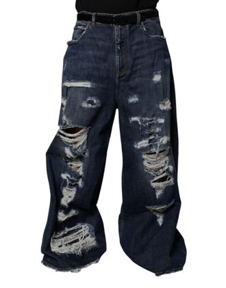 Dolce & Gabbana Dark Blue Tattered Wide Leg Men Denim Jeans Cotton Elastane Clothing