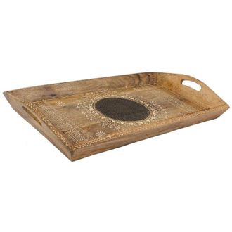 Wanderlust Deco Bandeja De Madera Pintado Artsanal Con 2 Asas Marr&oacute;n 48x25x6