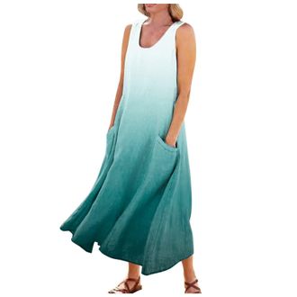 Generic Maxi Dressess Casual Gradient Print Round Neck Sleeveless Dresses Maxi A Line Beach Dress with Pockets Dress for Women Petite (Green, 4XL)