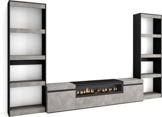 Skraut Home Skraut Home - Muebles De Sal&oacute;n Para Tv, Conjunto De Muebles Comedor, 320x186x35cm, Para Tv Hasta 80, Chimenea El&eacute;ctrica, Estilo Moderno, Roble Y Negro