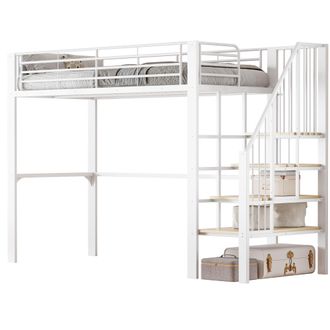 STILVORA Cama Alta Cama Individual Con Almacenaje Inferior Y Escalera 90 &times; 200 Cm, Sin Colch&oacute;n, Blanca