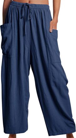 Generic Womens Linen Wide Leg Pants with Pockets Casual Loose Drawstring Summer Beach Travel Vacation Palazzo Harem Pants (Dark Blue,L)