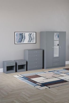 Home Discount Vida Designs 4Pc Bedroom Set 2xBedside, 5Drawer Chest, Mirror Wardrobe in Grey
