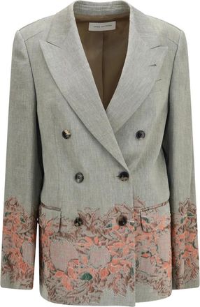 Dries Van Noten Dubbelrijige Linnen en Katoenmix Blazer met Borduurwerk - Dames - Jassen - Grijs - Maat: M Katoen