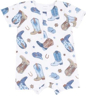 Angel Dear Cowboys Boots Organic Cotton Muslin Henley Babysuit Shortie in Blue at Nordstrom, Size 24M