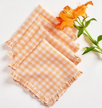 Solino Home Linen Dinner Napkins Set of 4, 20 x 20 Inch for Dining Table, Holiday and Everyday Table Decor - Gingham Ruffle in Sunny Orange at