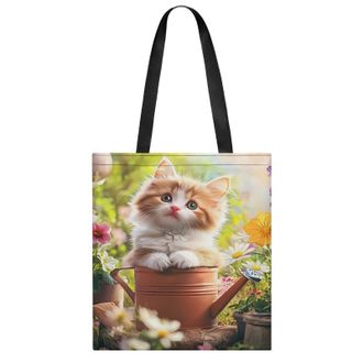 Generic Cute Cat Sitting in Flower Pots Womens Tote Casual Shopping Bag Lightweight Shoulder Bags Hobos Handbag for Work Travel Daily 35x40cm