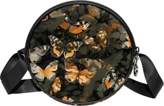 Generic Circle Crossbody Bag for Women, Camouflage Butterfly Small Sling Bag Daypack with Zipper Adjustable Shoulder Straps Casual Ladies Girls Round Purse