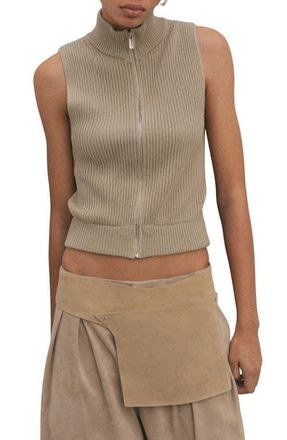 Mango Cutout Sleeveless Cotton Rib Top in Khaki Green at Nordstrom, Size Medium