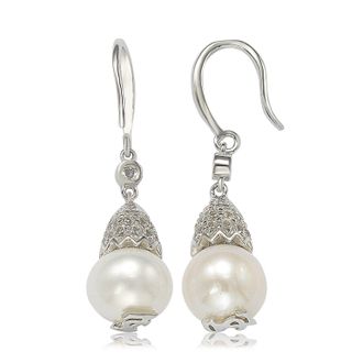 Suzy Levian Sterling Silver Pearl & White Sapphire Hook Earrings