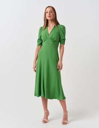 Ghost London Mia Crepe V-Neck Midi Dress in Green at Nordstrom, Size 12
