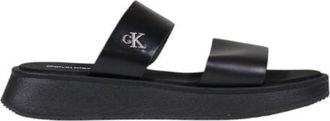 Calvin Klein Jeans Zwarte Leren Platte Sandalen