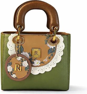 Generic Ri Ashini Designer Handbag, Green with Brown Trim, Floral Charm Detail, Top Handle Bag
