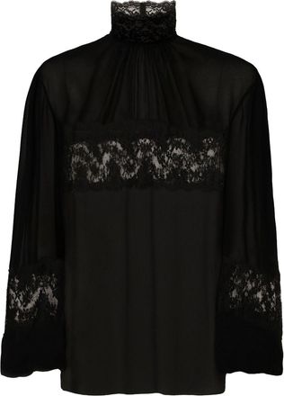 Dolce & Gabbana lace-embellished high-neck blouse - women - Cotton/Rayon/Nylon/Silk - 38 - Black