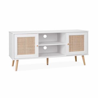 Sweeek Mueble tv de ca&ntilde;a trenzada, 120cm, blanco