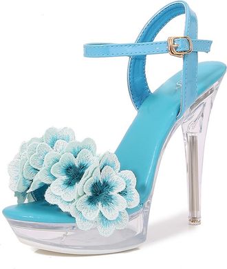 Generic Blue,4.5 UK,Womens Crystal Sandals Peep Open Toe Ankle Strap Stiletto High Platform Heels Wedding Bridal Party Flower Dress Shoes
