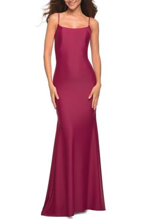La Femme Chic Luxe Jersey Gown with Train and V Back in Berry at Nordstrom, Size 10