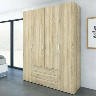 Dmora Armario Con Cuatro Puertas Y Tres Cajones, Color Roble, 154 X 59 X H200 Cm, Con Embalaje Reforzado - Dmora