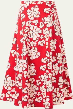 Akris Floral-Print Cotton Midi A-Line Skirt