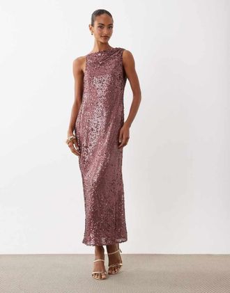 Asos Vestito lungo color malva opaco con spalline asimmetriche e schiena scoperta con scollo ad anello sul retro-Marrone