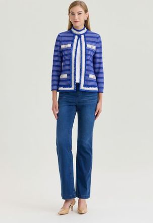 Ming Wang Heritage Ribbon Fringe Trim Knit Jacket in Sapphire Sea/limestone at Nordstrom, Size Medium