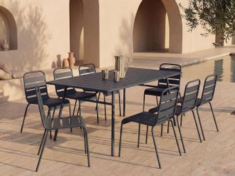 Vente-Unique Sala da pranzo da giardino in metallo - un tavolo L.200 cm e 8 sedie impilabili - Grigio scuro - MIRMANDE di MYLIA