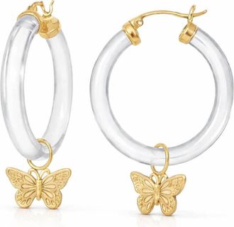 Gold & Honey Butterfly Charm Lucite Hoop Earrings In Clear