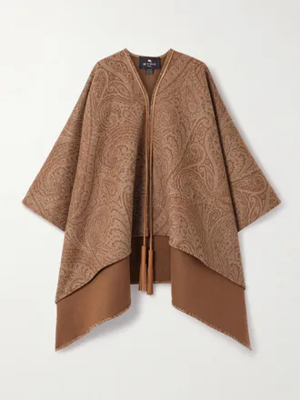 Etro Poncho In Misto Lana Con Stampa Paisley E Finiture In Pelle - Marrone