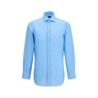 Finamore Blue Cotton Pattern Mens Shirt