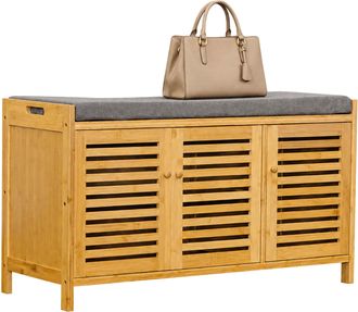 Relaxdays Relaxdays Banco Para Zapatos, Asiento Acolchado, Bamb&uacute;, 3 Compartimentos, 50x90x35 Cm, Recibidor, Color Natural/gris