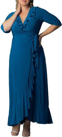 Kiyonna Maritime Ruffle Wrap Maxi Dress in Aegean Blue at Nordstrom, Size 0X