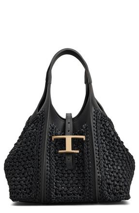 Tod's Mini T Timeless Crochet Raffia & Leather Shopping Bag in Nero at Nordstrom