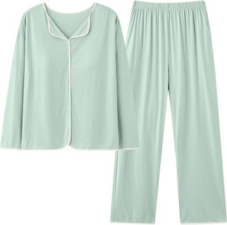 Generic Womens 2 Piece Outfits Clearance Cotton Modal Long Sleeve Shirt and Full Length Bottom Pyjama Set with Built in Bra Support Pjs Sets Oversized Baggy L