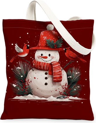 Generic Christmas Snow Man Canvas Tote Bags, Holiday Reusable Grocery Bags, Vintage Lightweight Washable Shoulder Strap Canvas for, Red, 13x15 Inch