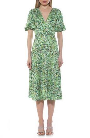 Alexia Admor V-Neck Puff Sleeve Midi Dress in Green Ditzy at Nordstrom Rack, Size 8