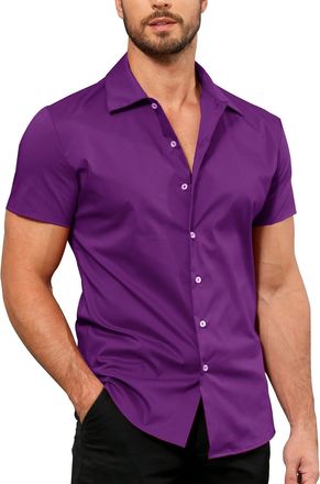 Generic Mens Casual and Fashionable Solid Color Loose Lapel Short Sleeved Shirt Printed Short Sleeve Shirt (Purple, S)