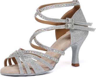 Minitoo Womens Salsa Ballroom Dancing Sandals Rhinestones Beaded Wedding Prom Shoes L648 Silver 7.5cm Heel UK 5.5
