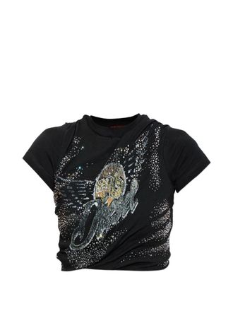Diesel Cropped Black Top With Embellished Graphic Design