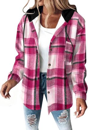 Generic Womens Sherpa Lined Jacket Plaid Hoodies Coat Sherpa softshell Full Button Checked Jackets Vintage Casual Fleece Hooded Cardigans Soft Warm Smart Butt