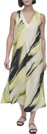 DKNY Dkny V-Neck Panel Print Linen Midi Dess