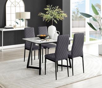 Furniturebox Carson White Marble Effect Dining Table & 4 Velvet Milan Black Leg Chairs in Grey