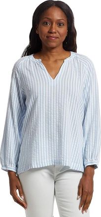 L.L.Bean L. L.Bean Seacoast Seersucker Top Womens Blue Striped Split Neck BUU967