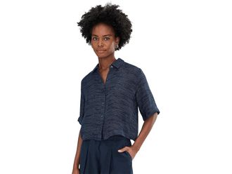 Eileen Fisher Petite Linen Gauze Strata Classic Collar Shirt Womens Clothing Ink : PS, Linen/Nylon