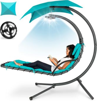 Best Choice Products Hanging LED-Lit Curved Chaise Lounge Chair for Backyard, Patio w/ Pillow, Canopy, Stand