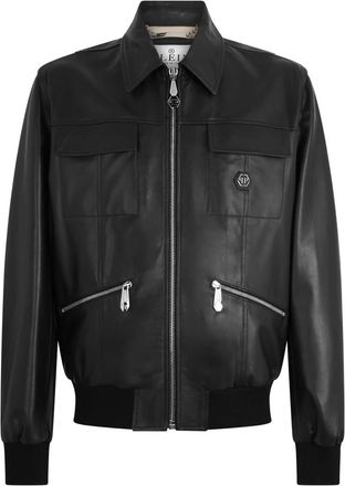 Philipp Plein Nappa Leren Bomber Palms - Heren - Leren en Su&egrave;de Jassen - Zwart - L - Leer - Jassen