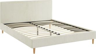 Sweeek Cama con somier y cabecero 160cm, acabado en pana fina, blanco